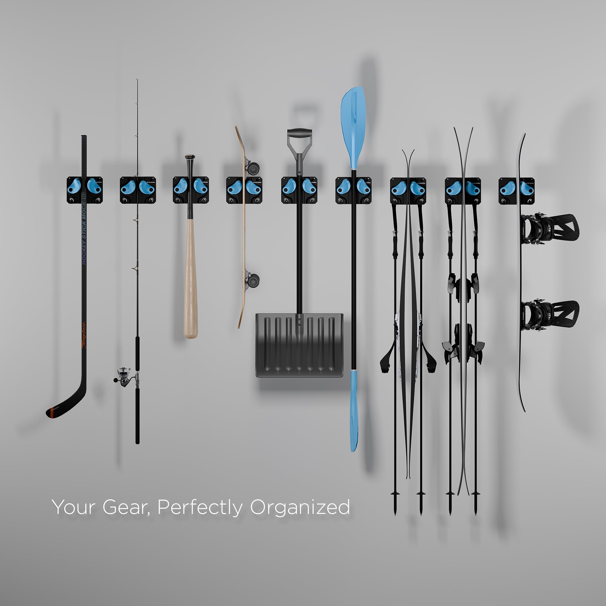 A wall of Gravity Grabbers storing skis, poles, tools and outdoor equipment