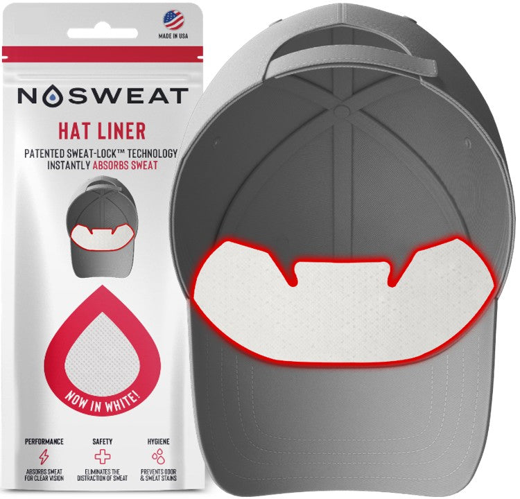 White NoSweat hat liner shown inside a hat with its packaging