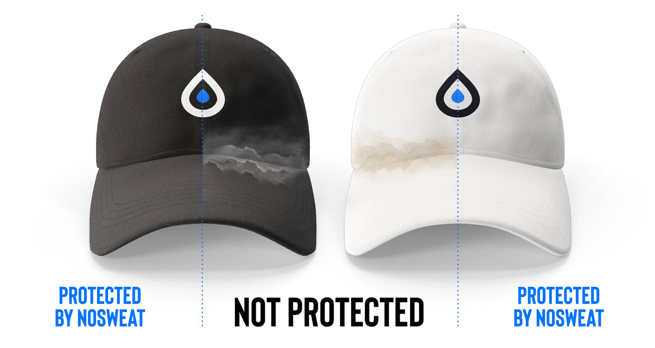 NoSweat illustration comparing protected and sweat-stained areas of a black and white hat